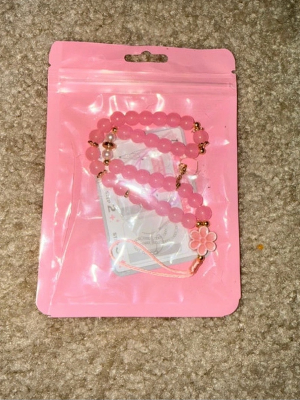 Pink Beaded Phone Charm with Flower Accent - Women Accessories